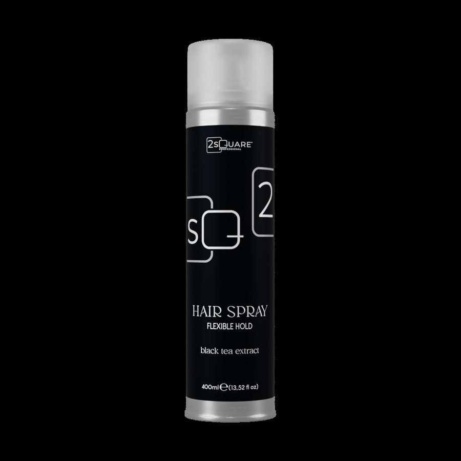 Envase negro y plateado de la laca HAIR SPRAY de 2Square Professional, 400 ml